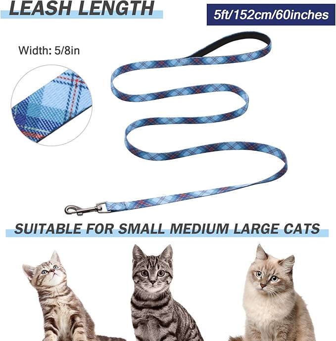 Hikiko Cat Harness and Leash Set Escape Proof Adjustable Walking Travel Soft Boy Kitten Harness for Small Medium Large Cats (Blue Plaid, M)