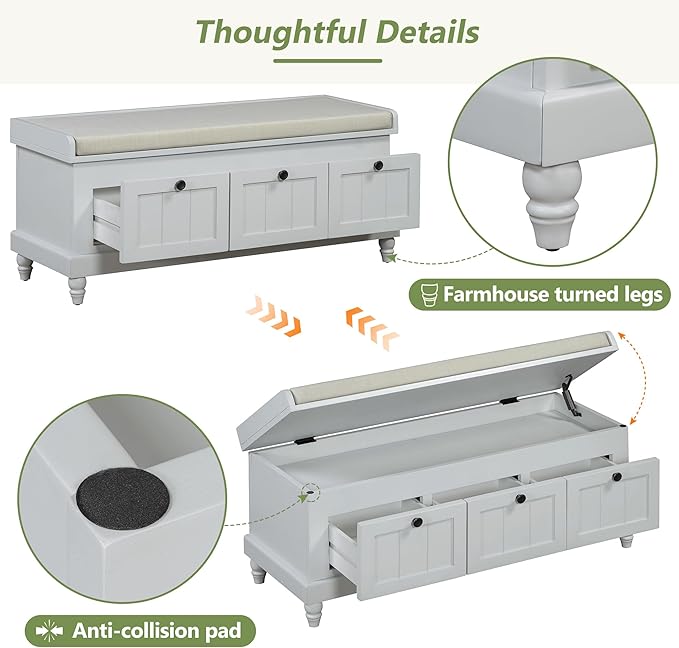 Classic Shoe Storage Bench with Cushion and Three Drawers, Fluted Entryway Bench with Storage for Entryway, Living Room, Hallways 44.0" L x 15.9" W x 18.9" H Gray Wash