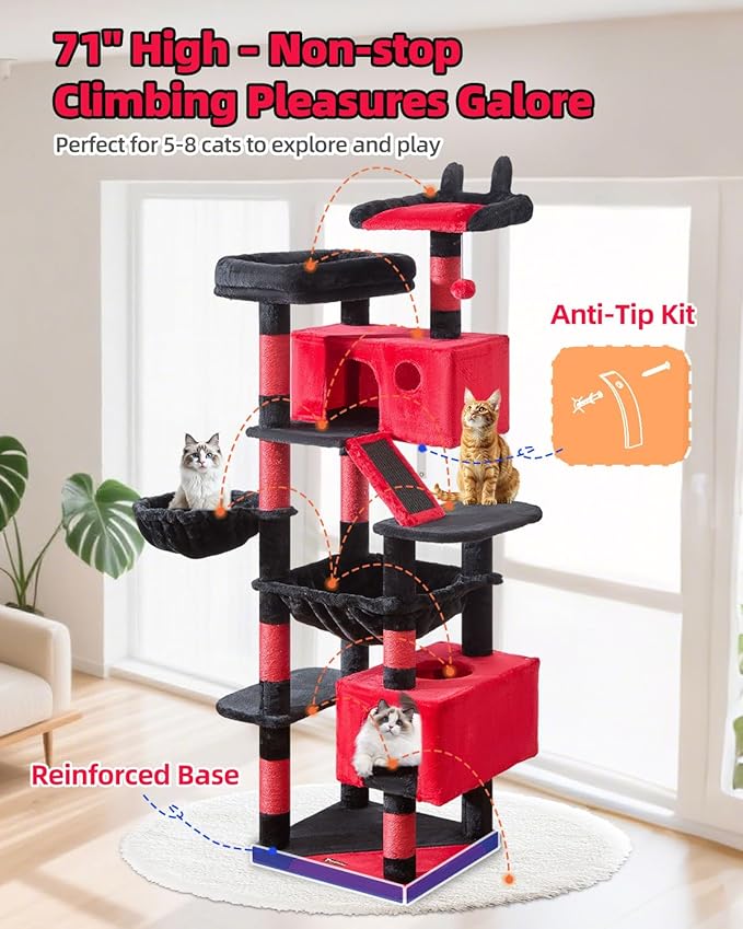 Taoqimiao Gothic Cat Tree 71-Inch, Cat Tower for Indoor Cats Large Adult, Large Cat Condo, 8 Sisal Scratching Posts, Metal Frame Cozy Hammock, Scratch Board, 2 Perches, Black and Red MS026LBR
