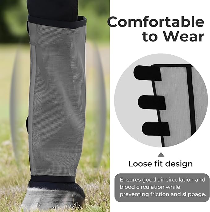 Mesh Horse Fly Boots Set of 4,Adjustable and Universal Loose Fitting & Non-Slip Horse Fly Leggings for Horses,Reduce Stressful Stomping (Grey)