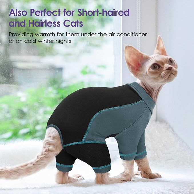 SUNFURA Hair Sticky Cat Clothes, Cat Sweater for Cats Only, 4-Legged Fleece Sweaters Kitten Pajamas Reduce Shedding Fur, Warm Pullover Shirts for Cats, Green S
