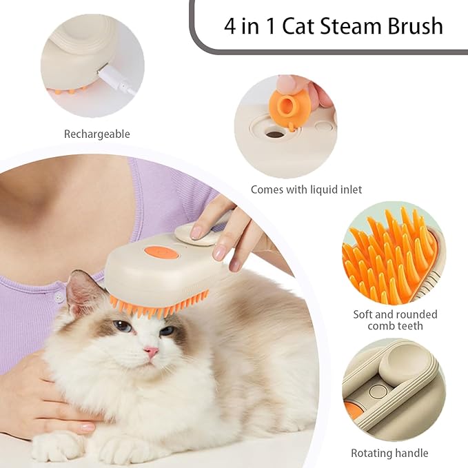 cat steam brush for shedding -4 in 1 Rechargeable Steam Brush for Cats and Dogs, Anti-static, Massage, Cleaning, Shedding & Combing All In One!grooming tool for cats and dogs(Beige)