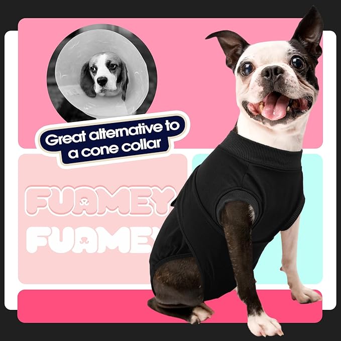 FUAMEY Dog Recovery Suit Male,Dogs Surgery Neuter Suits Puppy Spay Shirts for Female Protect Dog's Skin Anti Licking Abdominal Wounds Doggie Onesie Pet Bodysuit Alternative to Cone Black XS