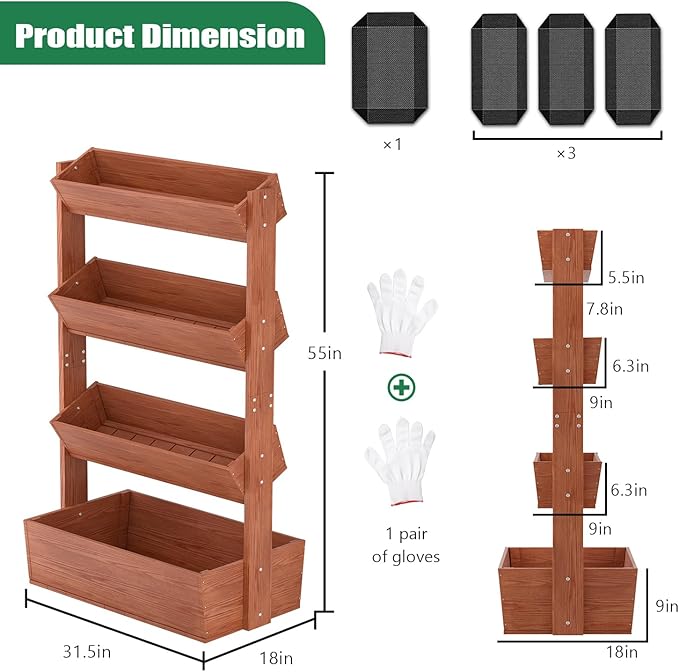 SUNYRISY 4 Tiers Vertical Wooden Raised Garden Bed Outdoor, Freestanding Garden Planter Box Stand for Planting Herbs Flowers Vegetables Outdoor Gardening