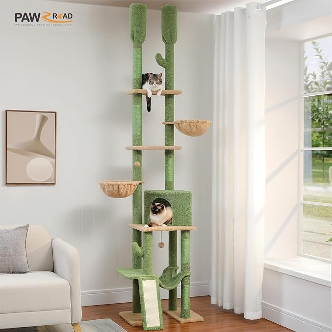 PAWZ Road Cactus Cat Tree Floor to Ceiling Cat Tower with Adjustable Height(85-112 Inches), 7 Tiers Climbing Activity Center with Cozy Hammocks, 5 Platforms and Scratching Posts for Indoor Cats