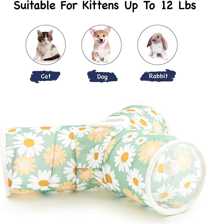 Tempcore Pet Cat Tunnel Tube Cat Toys 3 Way Collapsible, Cat Tunnels for Indoor Cats,Kitty Tunnel Bored Pet Toys Peek Hole Toy Ball Puppy, Kitty, Kitten, Rabbit Daisy Green Printed