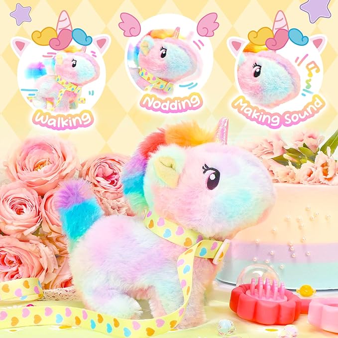 Tagitary Plush Toy Unicorn Stuffed Toys for Kids with Sounds,Walking,Tail Wagging and Head Nodding,Interactive Unicorn Toy for Kids with Leash,Christmas Birthday Gift for Toddlers Kids