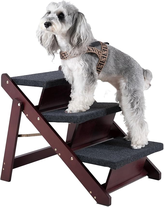 MEWANG Wooden Pet Stairs/Pet Steps - 3-in-1 Foldable Stairs & Ramp for Beds and Cars - Portable Dog/Cat Ladder Up to 220 Pounds - Great for Small and Older Animals(Brown) (24.8" L x 17.2" W x 19.5" H)