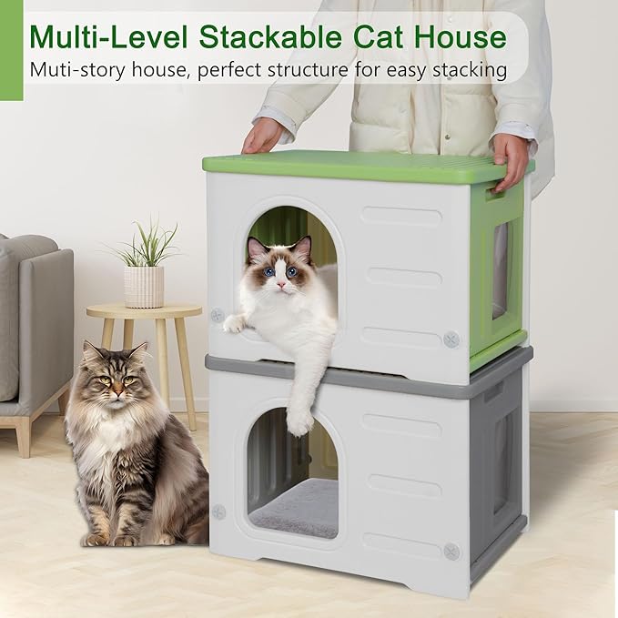 Rockever Plastic Cat House Outdoor with Escape Door, Waterproof Feral Cat House Outdoor Indoor, Sturdy Cat House for Outdoor Cats with Cat Bed Mat, Assemble Easily-Green