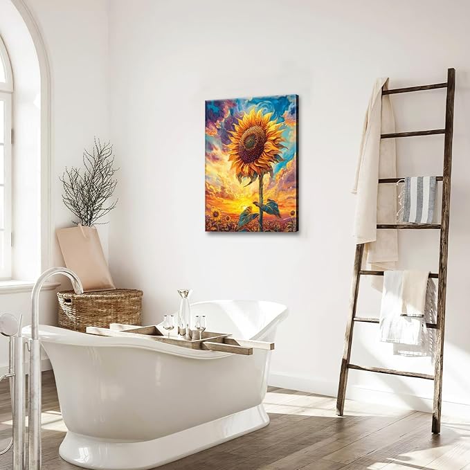 Sunflower Wall Art Canvas Yellow Floral Wall Decor Prints Framed Painting Pictures Gifts Artwork for Bathroom Bedroom Living Dining 16"x24"