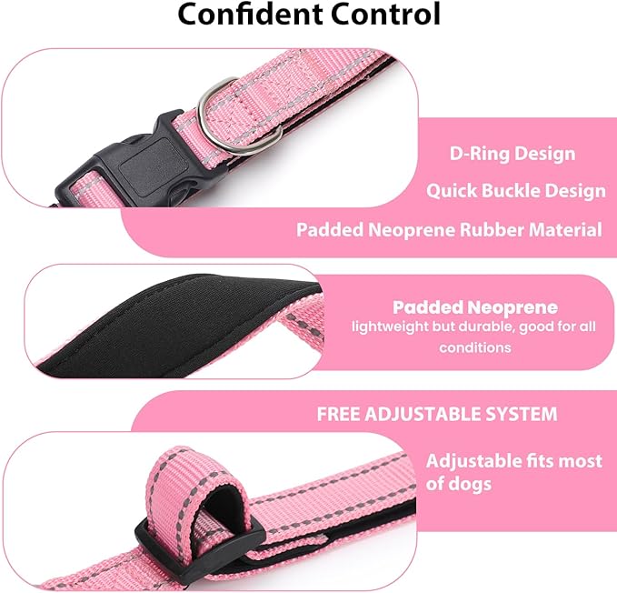 Reflective Dog Collar Padded with Soft Neoprene Breathable Quick Release Basic Dog Collars for Medium Dogs Pink Girl