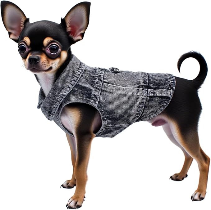 Puppy Clothes for Small Dogs Boy,Classic Western Denim Dog Coat,Dog Jeans Jacket with Leash D-Ring,Pet Cat Costumes,Cooling Harness Vest for Walking (Black, X-Small)