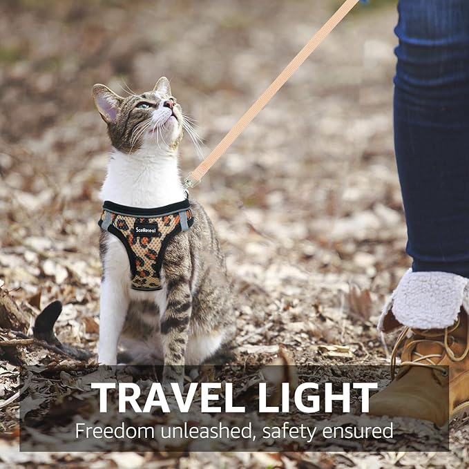 SCENEREAL Cat Harness & Leash Set Escape Proof - Adjustable Air Mesh Vest with Reflective Strips for Kittens, Puppies, Rabbits, Khaki Leopard S