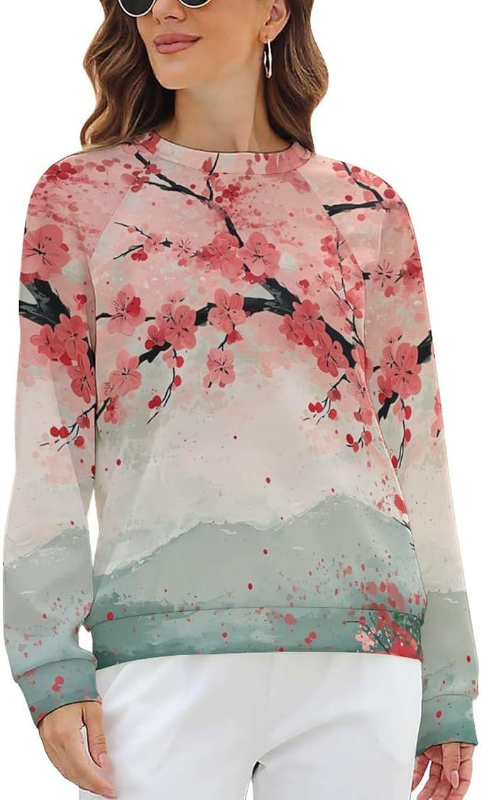 Womens Long Sleeve Tops Y2k Japanese Art Print Sweatshirts Fall Pullover for Women Crewneck Vintage Shirts Boho Tops