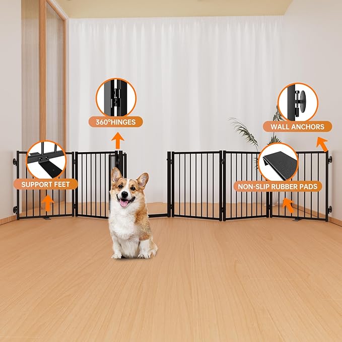 Full Metal Freestanding Dog Gate with Door, 24'' Height Foldable Pet Dog Fence for Indoor & Outdoor, 6 Panels Extra Wide Free Standing SmallDog Gates for Doorways,House,Stairs,Porch,Deck,Yard