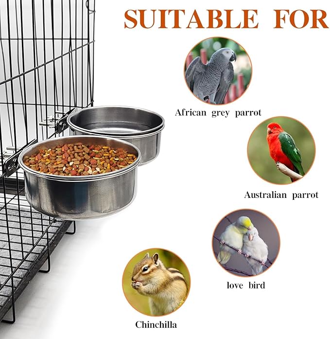 PINVNBY 2pcs Stainless Steel Bird Bowl Water Bowl Stainless Steel Bird Feeding Dish Cups for Parrot Parakeet African Greys Conure Cockatiels Lovebird (Diameter: 4.72 inches M)