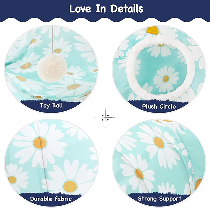 Tempcore Pet Cat Tunnel Tube Cat Toys 3 Way Collapsible, Cat Tunnels for Indoor Cats,Kitty Tunnel Bored Pet Toys Peek Hole Toy Ball, Puppy, Kitty, Kitten, Rabbit Daisy Blue Printed