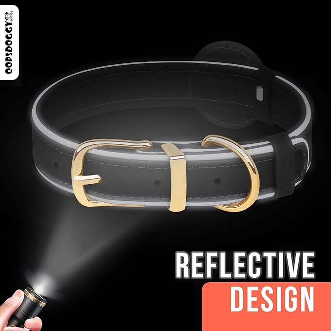 OOPSDOGGY Reflective Geniune Leather Airtag Dog Collar Soft Padded Collars for Small Medium Large Breed Dogs Puppy, 4 Sizes, 7 Colors (Camel, Medium, 12"-15")