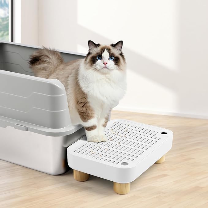 Cat Litter Box Step Ramp, Cat Litter Catcher Mat with Wooden Feet, Filter Function, Cat Pedal Stool for Self-Cleaning Cat Litter Box, Ideal for Kitten & Elderly Cats (White)
