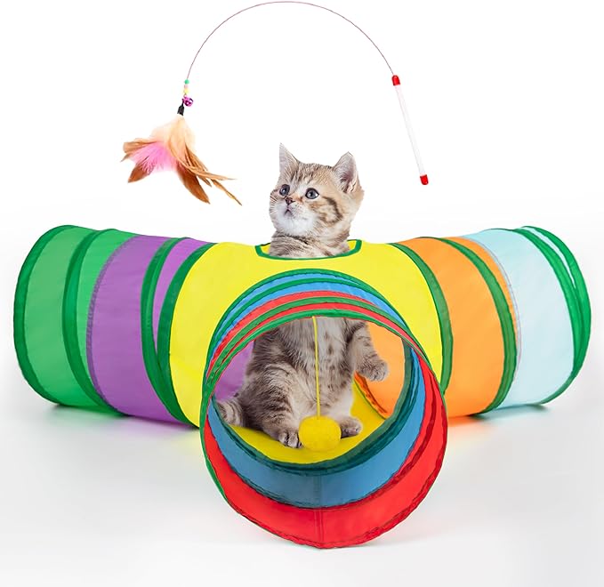 Tempcore Pet Cat Tunnel Tube Cat Toys 3 Way Collapsible, Cat Tunnels for Indoor Cats,Kitty Tunnel Bored Cat Pet Toys Peek Hole Toy Ball Cat, Puppy, Kitty, Kitten, Rabbit Rainbow