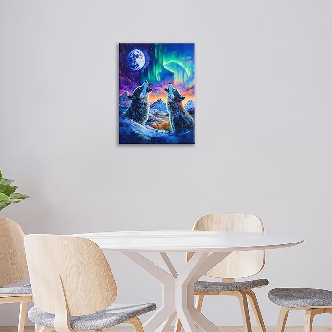 Wolf Wall Art Wolves Canvas Wall Decor Prints Framed Painting Aurora Pictures Gifts Artwork for Bathroom Bedroom Living Dining 16"x20"