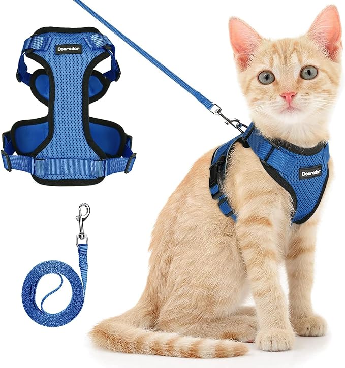 Dooradar Cat Harness and Leash Set, Escape Proof Safe Adjustable Kitten Vest Harnesses for Walking, Easy Control Soft Breathable Mesh Jacket with Reflective Strips for Cats, Blue, XXS