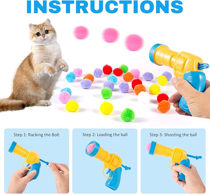 102Pcs Cat Toy Gun Launcher - 100 Sparkle Pom Pom Balls and 2 Ball Launchers, Interactive Fetch Toy Shooter for Indoor Cats and Kitty