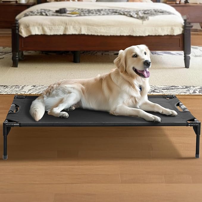 Petsfit Cooling Elevated Raised Dog Bed- Outdoor Pet Cot for Large Dogs, Upgraded Adjustable Firmness Pet Bed,Dog Hammock Bed with Durable Breathable Teslin Mesh,Non Slip, Black 48”