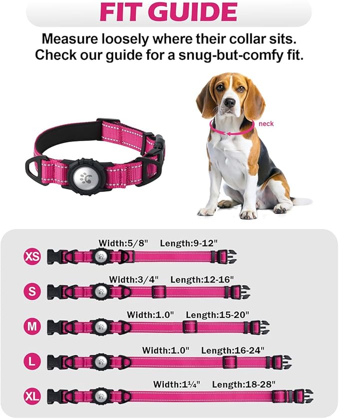 TagME Airtag Dog Collar,Waterproof Reflective Pet Collar with Airtag Holder,Soft Padded and Double D-Rings for Medium Dogs,Hot Pink