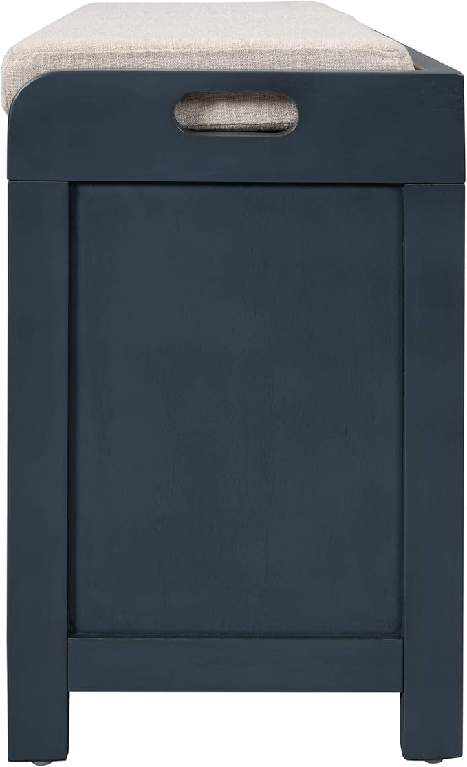 Storage Bench Removable Basket 2 Drawers Fully Assembled Acacia Wood Shoe Bench Standing Shoe Rack Removable Cushion for Living Room, Entrance Hallway, No Assembly Required Navy