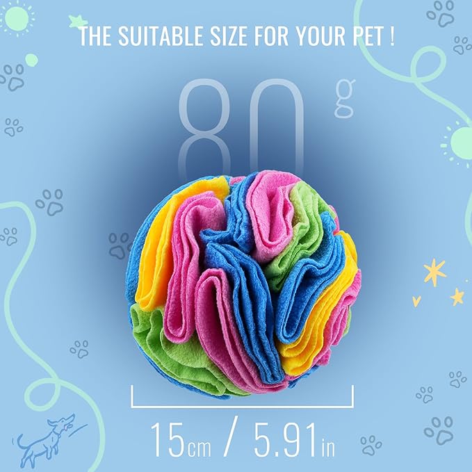 Pet Snuffle Ball, Puzzle Sniffing Interactive Dog Ball for Blind Dogs Training Stress Relief Dog Enrichment Toys Treat Machine Washable (15cm, New Rainbow Color)