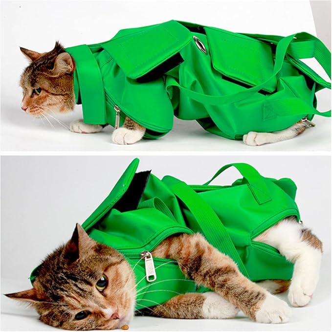 HDKUW Cat Grooming Bag,Foldable Travel Carrier for Cats,Anti-Bite Anti-Scratch Cat Grooming Restraint Bag,Pet Carrier for Administering Eye Drops,Ear Cleaner,Clipping Nails Green L