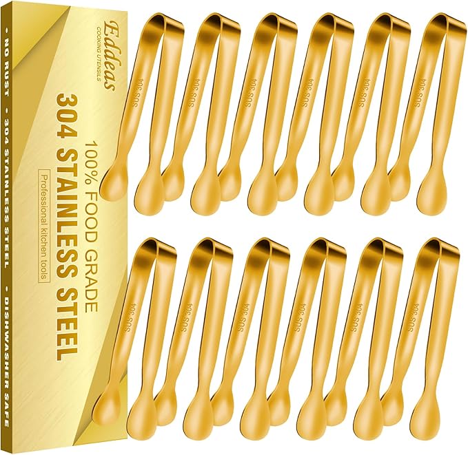12 PCS Small Serving Tongs, 4.3" Mini Gold Tongs, Gold Kitchen Tongs for Serving Food, Coffee Bar, Tea Party, Desserts Party and Ice Bucket