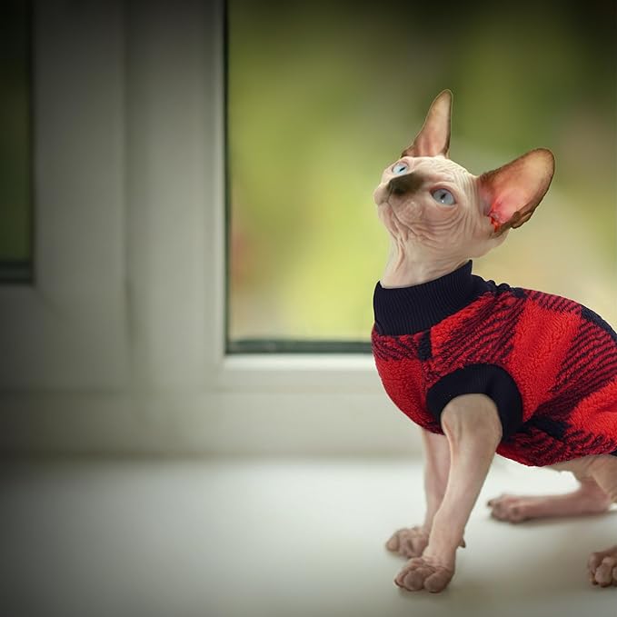 PUMYPOREITY Winter Warm Cat Sweater - Super Soft & Elastic Knit with Plush Fleece, Easy-On Design with Ribbed Neck & Cuffs, Stretchy Cat Outfit for Indoor/Outdoor Use,Red, S
