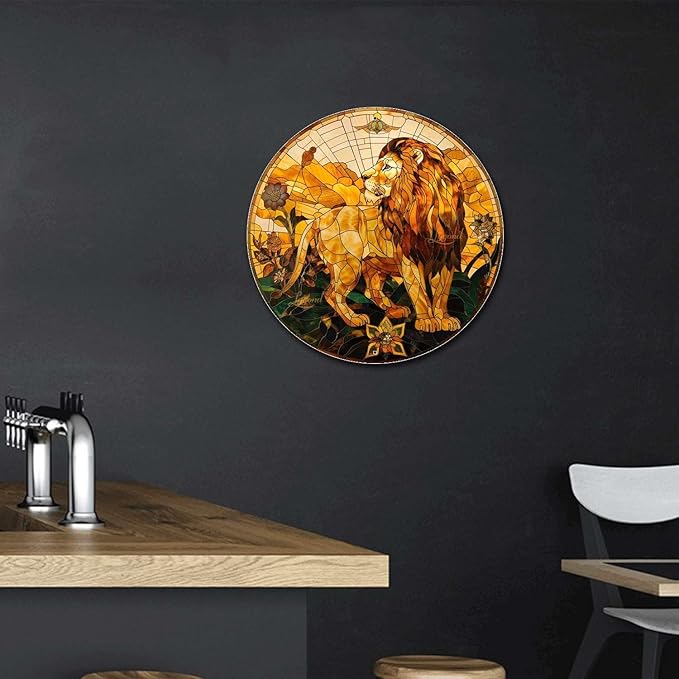 Lygond Metal Sign Tin Sign Circular Stained Glass Lion Funny Outdoor Decor for Club 8×8 Inches