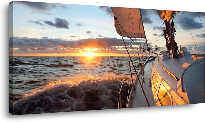 Yacht Sailing in Sea at Sunset Scenery Canvas Wall Art for Living Room Bathroom,Close-up View of Deck Mast Sails Picture Print Artwork Painting Decor,Epic Seascape Scenic Landscape,Inner Frame 30x60