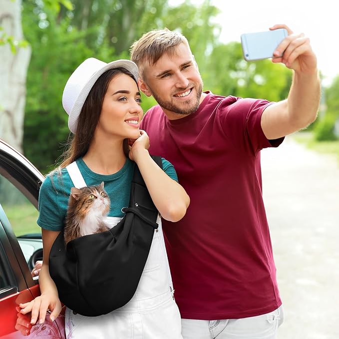 Hands-Free Dog Sling Carrier for Small Pets (5-15 lbs) - Adjustable Ergonomic Chest Carrier, Anti-Slip Design with Breathable Mesh - Reduce Back Pain & Pet Anxiety (Black)