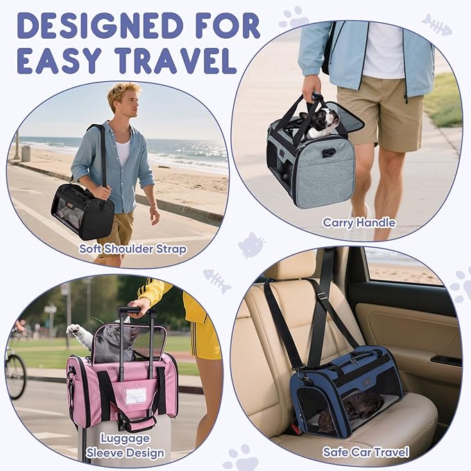 BALEINE Cat Carrier, Puppy Dog Carrier for Small Medium Pets Up to 22 Lbs, Soft-Sided Dog Travel Bag with Safety Zippers, Collapsible Pet Carrying Case (Gray, XL, 19"x12"x12")