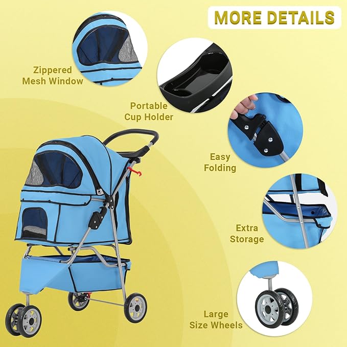 Foldable Pet Stroller for Cats and Dogs 3 Wheels Carrier Strolling Cart with Weather Cover, Mesh Panels,Storage Basket Cup Holder,Blue