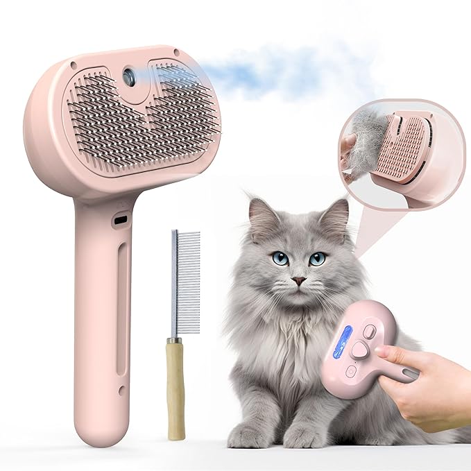 Pet Grooming Brush with Electronic Mist Spray - Gentle Deshedding Tool for Cats & Dogs, Pet Steam Brush,Reduces Shedding, Soft Bristles, Promotes Healthy Coat-Comes with a hair smoothing comb-Red