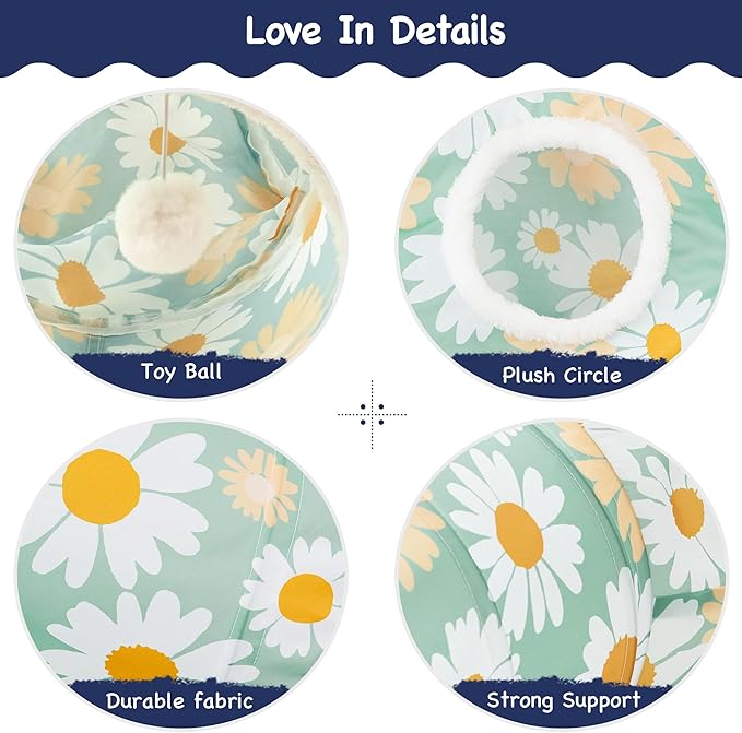 Tempcore Pet Cat Tunnel Tube Cat Toys 3 Way Collapsible, Cat Tunnels for Indoor Cats,Kitty Tunnel Bored Pet Toys Peek Hole Toy Ball Puppy, Kitty, Kitten, Rabbit Daisy Green Printed