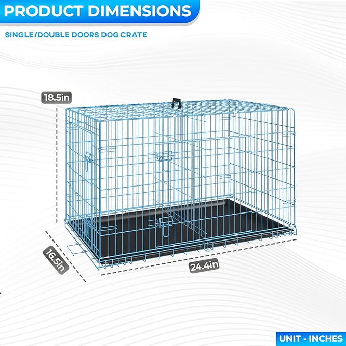 FDW Dog Crate for Small Dogs 24 Inch Folding Metal WirePet Cage Double Door W/Divider Panel Indoor Outdoor Kennel Leak-Proof Plastic Tray,Blue