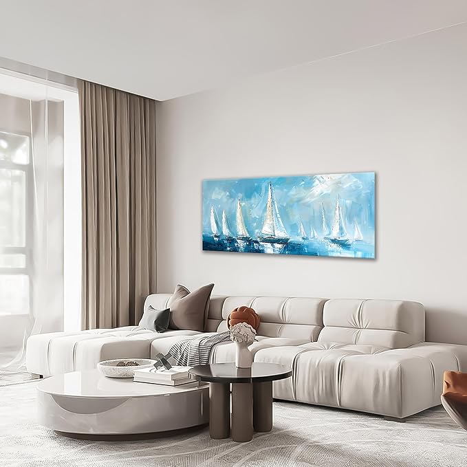 Large Blue and White Sailboat Wall Art Nautical Sails Canvas Living Room Ocean Pictures Framed Prints Oversize Wall Decor Painting Artwork for Bedroom Dining Office Home 60"x30"