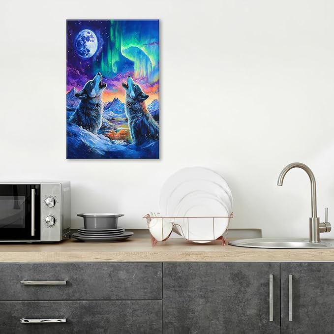 Wolf Wall Art Wolves Canvas Wall Decor Prints Framed Painting Aurora Pictures Gifts Artwork for Bathroom Bedroom Living Dining 16"x24"