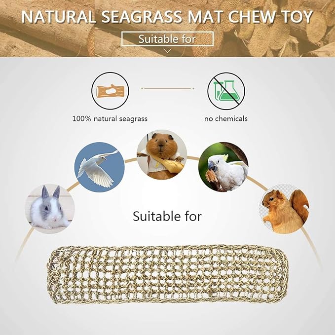 2Pcs Bird Seagrass Mat 20.5×8'' Natural Grass Woven Net Hammock Hanging on Cage Parakeet Climbing Rope Ladder Chew Toys for Lovebird Cockatiel Conure Budgie Cockatoo