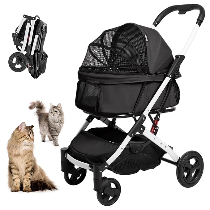 Pet Stroller for Medium Small Dog & Cat, Foldable Lightweight Dog Stroller with Storage Basket Pet Travel Carriage with Safety Leashes, 4 Wheel, Black