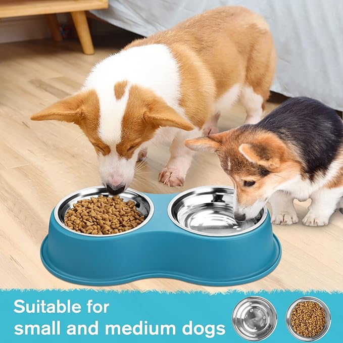 Dog Bowls Double Dog Water and Food Bowls Stainless Steel Bowls with Non-Slip Resin Station, Pet Feeder Bowls for Puppy Medium Dogs Cats