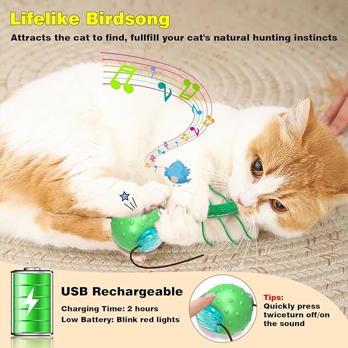 Interactive Cat Toys for Indoor Cats, Moving Cat Ball with Tail, Fast Rolling on Carpet, Chirping & Motion Activate Toy for Bored Indoor Adult Cats