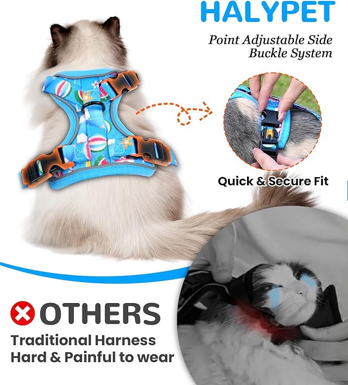 Halypet Cat Harness and Leash Set for Walking, Escape Proof Adjustable Vest Harness with 3-in-1 Integrated Buckles, Easy Control Soft Breathable Mesh with Reflective Strips for Cats, S, Ocean Blue