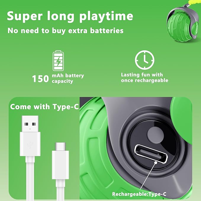 Cat Toys,Interactive Cat Toys Ball for Bored Indoor Cat,Automatic Rolling,Drop Resistant and Obstacle Avoidance,2 Modes Adjustment,Fluffy Tail and USB Type-C Rechargeable(Green)